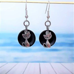 Black Sea Glass Spooky Cat Earrings